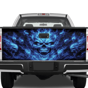 Lotusprint LLC 2D Print Flaming Skull Pickup Truck Tailgate Wrap, Blue Fire Gothic Horror Bone Decor