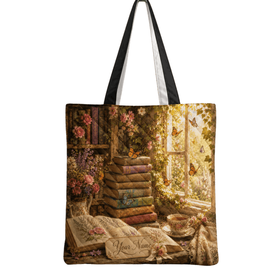 Lotusprint LLC 2D Print Floral Books Quilted Tote Bag, Book Lover Carryall Tote Bag