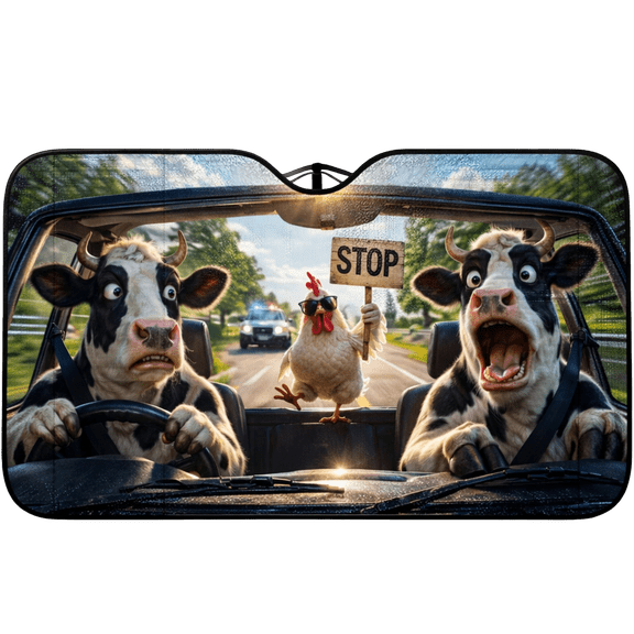 Lotusprint LLC 2D Print Funny Cow Chicken Car Sunshade, Farm Animal Windshield Cover