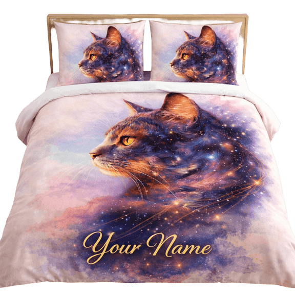 Lotusprint LLC 2D Print Galaxy Cat Bedding Set (88x88), Cosmic Cat Gift Space Animal Decor Bedroom Set