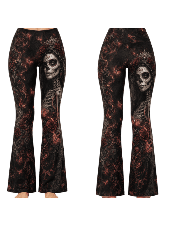 2D Print Gothic Skeleton Bride Custom All-over Print High-Waist Standard & Flare Leggings, Dark Rose Butterfly Pants
