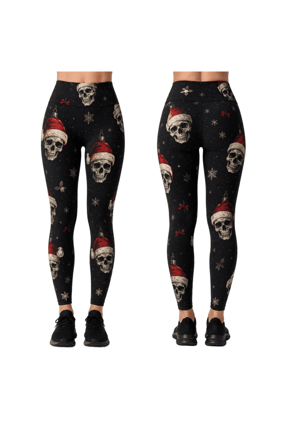 2D Print Gothic Skull Christmas Style 2 Standard Leggings, Holiday Yoga Pants