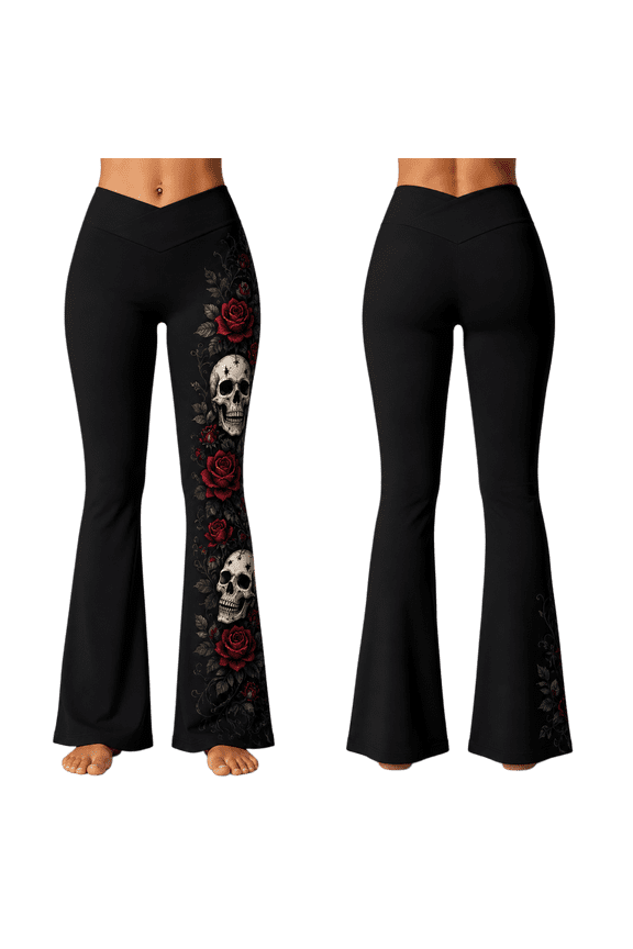 2D Print Gothic Skull Rose Side Panel Custom All-over Print Flare Leggings, Red Rose Skull Yoga Pants
