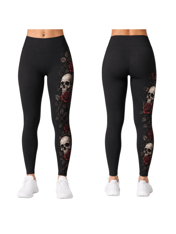 2D Print Gothic Skull Rose Side Panel Custom All-over Print Standard Leggings, Red Rose Skull Yoga Pants