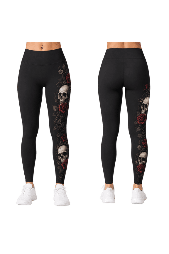 2D Print Gothic Skull Rose Side Panel Custom All-over Print Standard Leggings, Red Rose Skull Yoga Pants