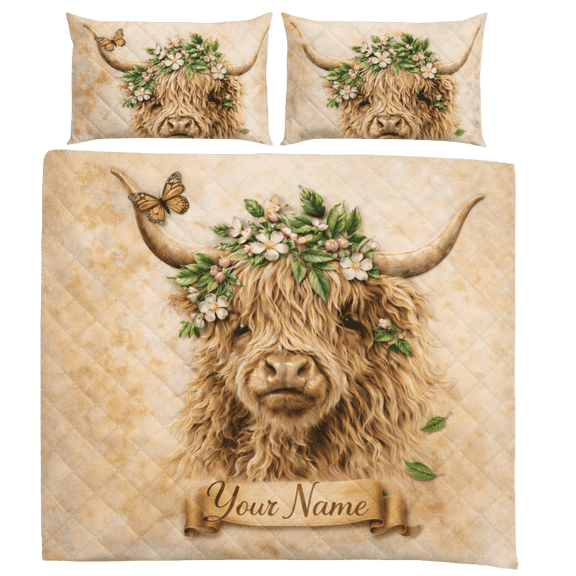 Lotusprint LLC 2D Print Highland Cow Floral Quilt Bedding Set 55x60, Farm Animal Design