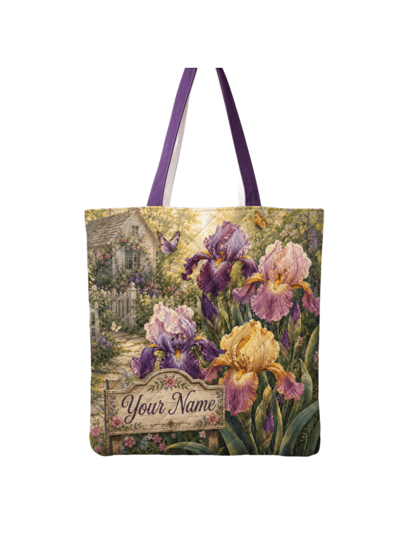 2D Print Iris Garden Quilted Tote Bag, Cottage Flower Carryall Tote Bag