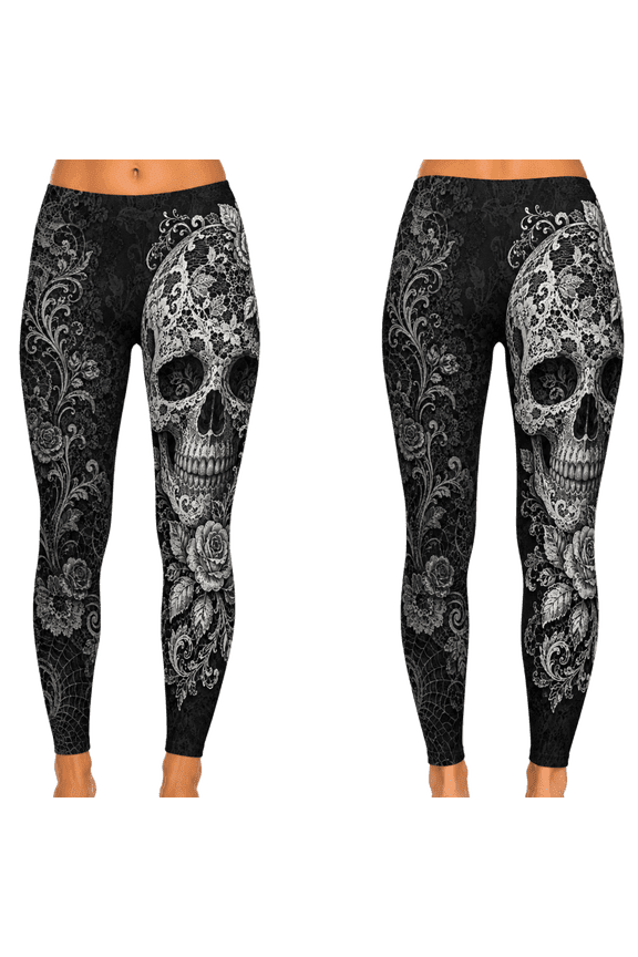 2D Print Lace Skull Floral Custom All-over Print High-Waist Standard & Flare Leggings, Gothic Rose Pants