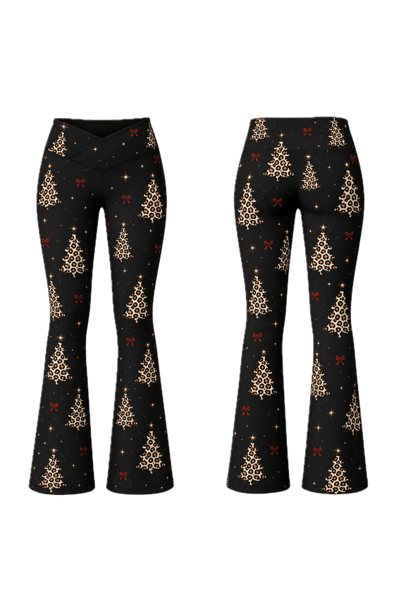 2D Print Leopard Christmas Tree Sparkle Custom All-over Print Flare Leggings, Festive Holiday Bell Bottom Pants