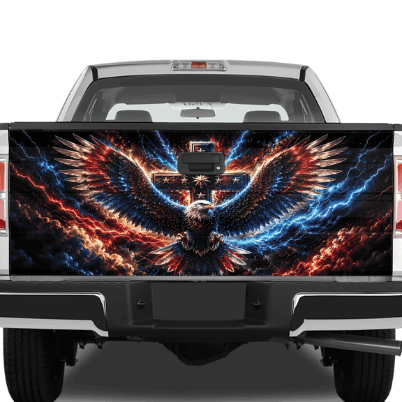 Lotusprint LLC 2D Print Lightning Eagle and Star Cross Pickup Truck Tailgate Wrap, Patriotic Faith Decor