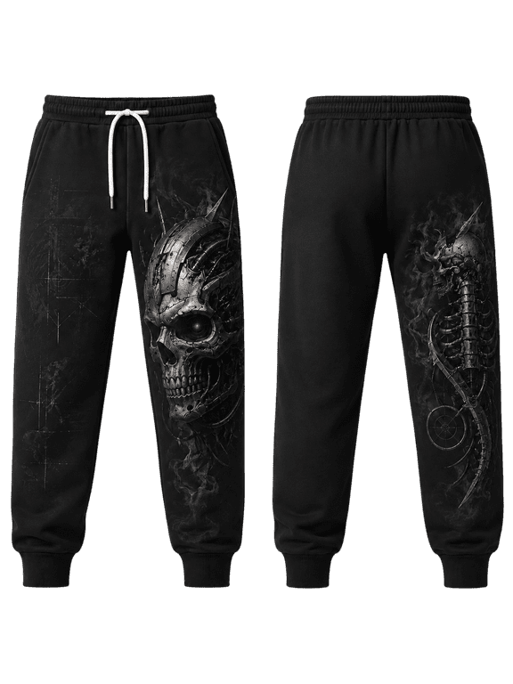 2D Print Mechanical Skull All-Over Print Sweatpants, Dark Cyber Gothic Jogger Pants