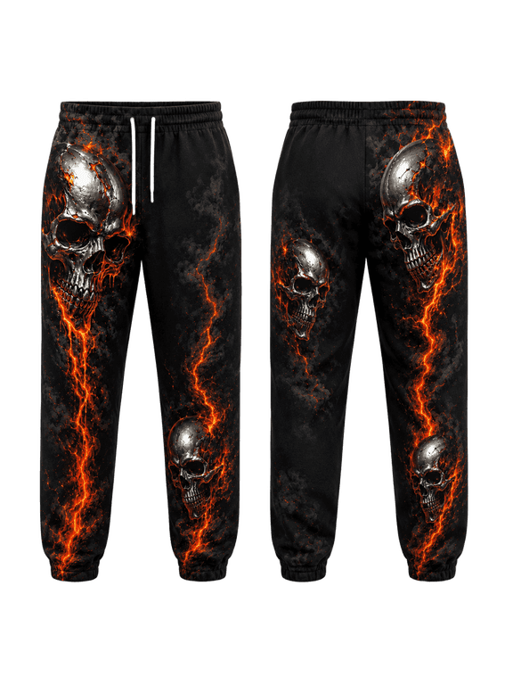 2D Print Molten Chrome Skull All-over Print Sweatpants, Fire Gothic Jogger Pants