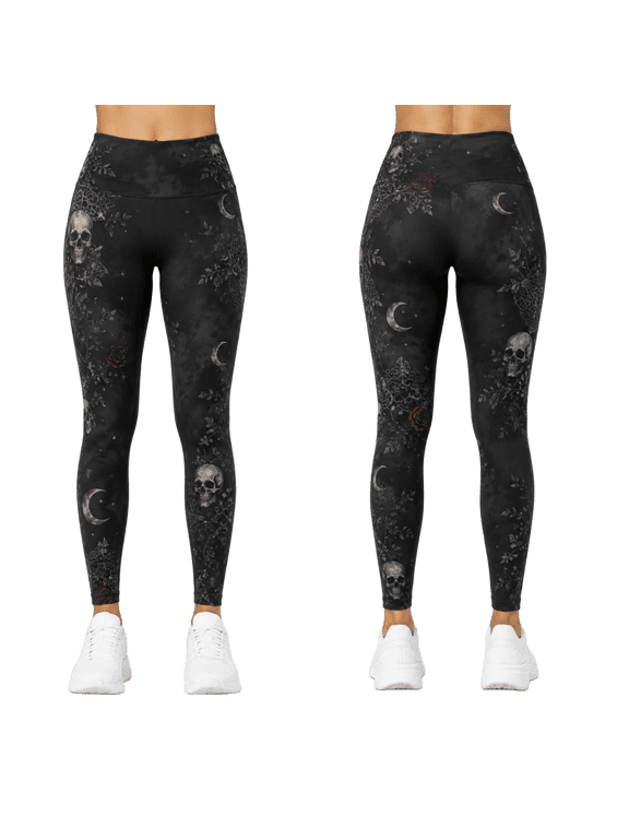 2D Print Moonlit Gothic Lace Skull Standard Leggings, Black Yoga Pants
