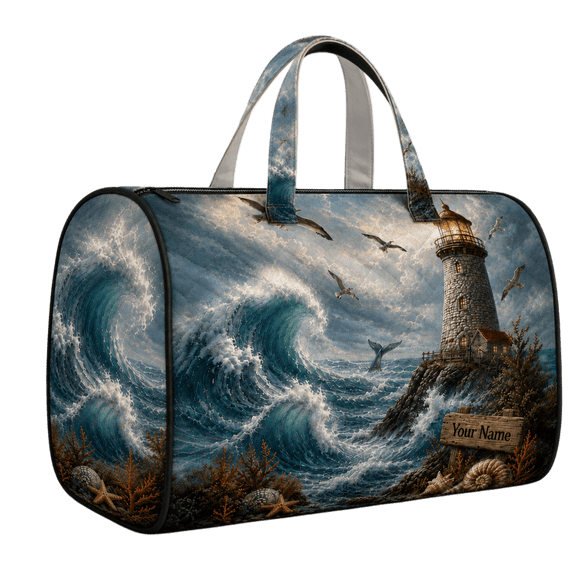 Lotusprint LLC 2D Print Ocean Lighthouse Quilted Weekend Bag, Personalized Coastal Travel Duffel