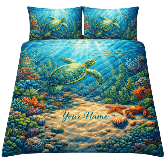 Lotusprint LLC 2D Print Ocean Turtle Coral Reef Personalized Quilt Bedding Set 90x100, Underwater Theme Design