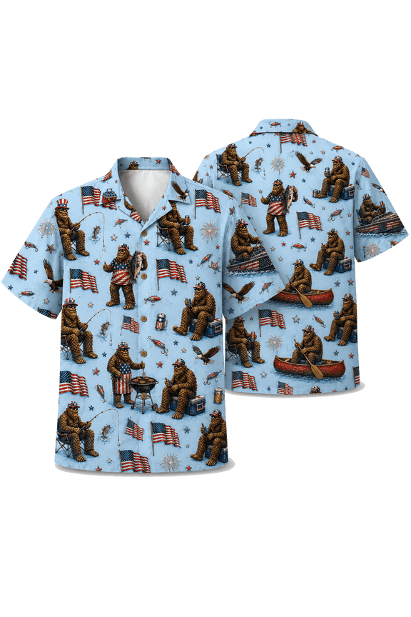 2D Print Patriotic Bigfoot USA Flag Hawaiian Shirt, Funny Camping Camp Shirt