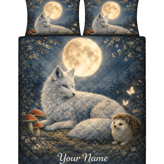 Lotusprint LLC 2D Print Personalized Arctic Fox Moon Quilt Bedding Set 70x80, Wildlife Forest Animal Bedding for Fox Lovers