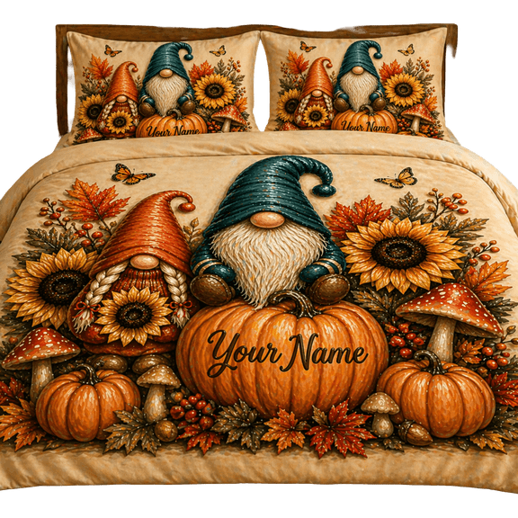 Lotusprint LLC 2D Print Personalized Autumn Gnome Bedding Set (60x80), Pumpkin Sunflower Comforter Set
