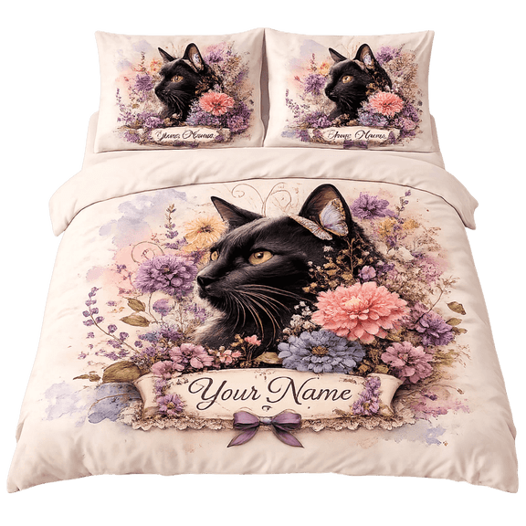 Lotusprint LLC 2D Print Personalized Black Cat Bedding Set (88x88), Floral Butterfly Cat Comforter Set