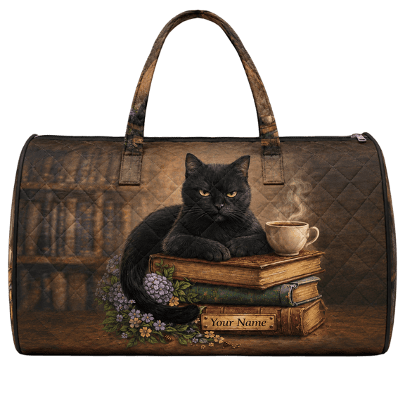Lotusprint LLC 2D Print Personalized Black Cat Book Lover Quilted Weekend Bag, Cozy Library Travel Duffel Bag