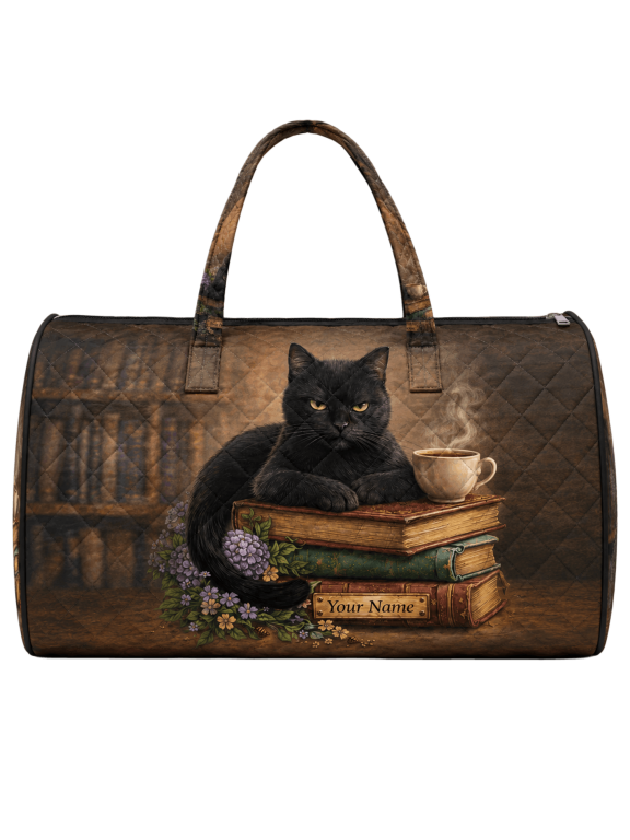 2D Print Personalized Black Cat Book Lover Quilted Weekend Bag, Cozy Library Travel Duffel Bag