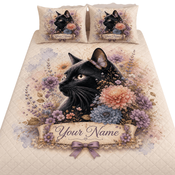 Lotusprint LLC 2D Print Personalized Black Cat Quilt Bedding Set 55x60, Floral Butterfly Cat Bedspread