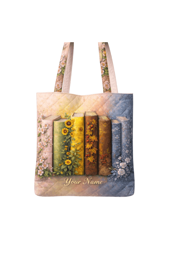 2D Print Personalized Book Floral Quilted Tote Bag, Reading Lover Shoulder Bag
