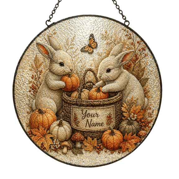 Lotusprint LLC 2D Print Personalized Bunny Pumpkin Custom Shape Window Hanging Suncatcher , Autumn Harvest Rabbit Window Hanging Decor