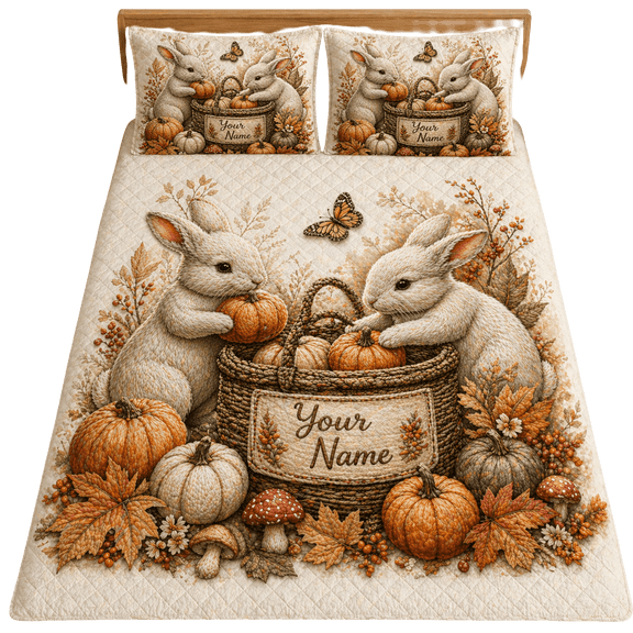 Lotusprint LLC 2D Print Personalized Bunny Pumpkin Fall Quilt Bedding Set 55x60, Autumn Rabbits Pumpkin Basket Floral Bedroom Decor