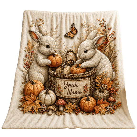 Lotusprint LLC 2D Print Personalized Bunny Pumpkin Fleece Blanket, 80"x60", Autumn Harvest Woodland Custom Name Gift