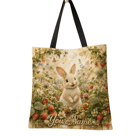 Lotusprint LLC 2D Print Personalized Bunny Strawberry Quilted Tote Bag, Cute Rabbit Floral Shoulder Bag