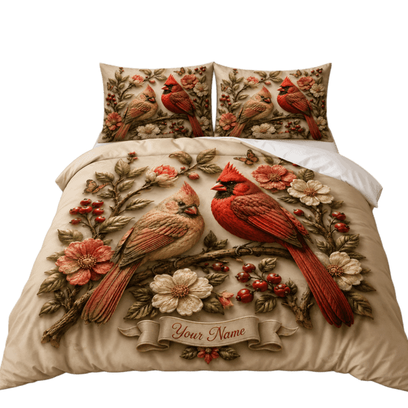 Lotusprint LLC 2D Print Personalized Cardinal Floral Bedding Set (104x88), Red Bird Bedroom Set