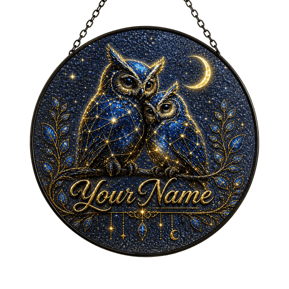 Lotusprint LLC 2D Print Personalized Celestial Owl Custom Shape Window Hanging Suncatcher , Moon Galaxy Decor