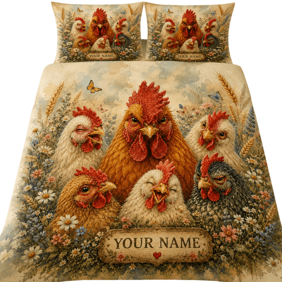 Lotusprint LLC 2D Print Personalized Chicken Bedding Set (104x88), Farmhouse Rooster Comforter Set