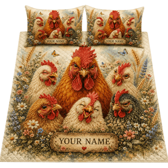 Lotusprint LLC 2D Print Personalized Chicken Family Quilt Bedding Set 90x100, Farmhouse Rooster Bedspread