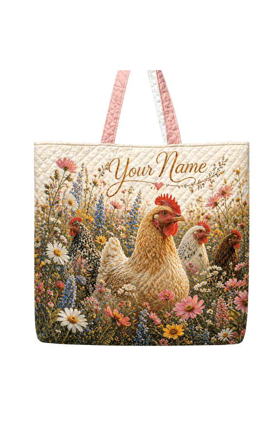 2D Print Personalized Chicken Wildflower Quilted Tote Bag, Farm Floral Custom Name Shoulder Bag