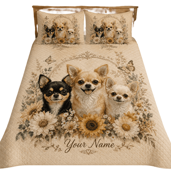 Lotusprint LLC 2D Print Personalized Chihuahua Sunflower Quilt Bedding Set 55x60, Dog Lover Bedroom Decor for Pet Lovers