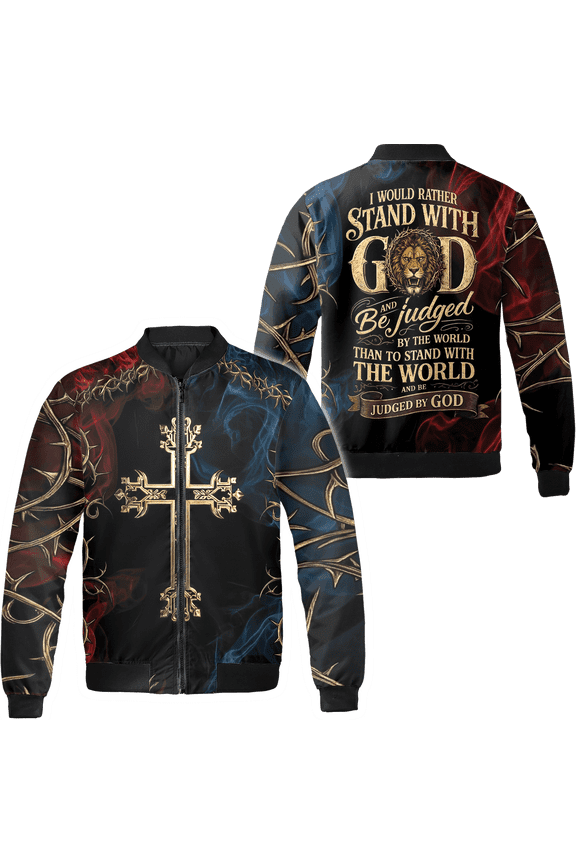 2D Print Personalized Christian Lion and Lamb Cross Bomber Jacket, Faith Religious Graphic Jacket