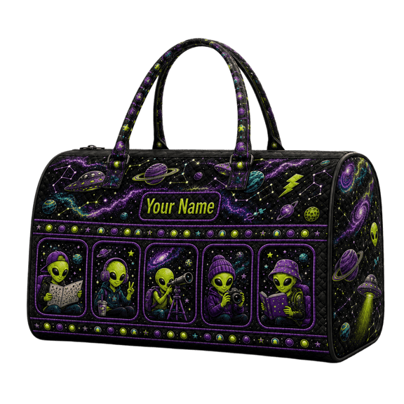 Lotusprint LLC 2D Print Personalized Cosmic Alien Quilted Weekend Bag, Space Travel Duffel