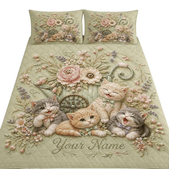 Lotusprint LLC 2D Print Personalized Cute Kitten Floral Quilt Bedding Set 90x100, Cat Lover Bedroom Decor for Animal Lovers
