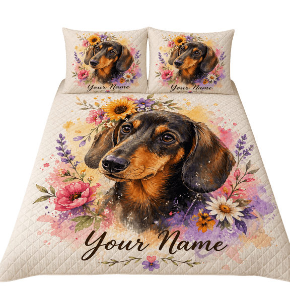 Lotusprint LLC 2D Print Personalized Dachshund Quilt Bedding Set, Wiener Dog Floral Bedspread