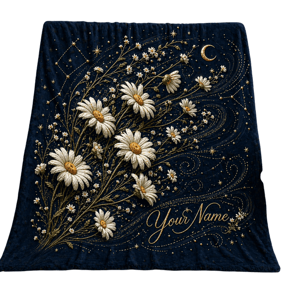 Lotusprint LLC 2D Print Personalized Daisy Constellation Fleece Blanket, 80"x60", Night Sky Floral Custom Name Gift