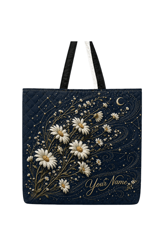 2D Print Personalized Daisy Constellation Quilted Tote Bag, Floral Custom Name Shoulder Bag