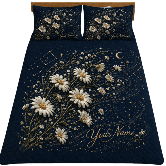 Lotusprint LLC 2D Print Personalized Daisy Night Sky Quilt Bedding Set 55x60, Starry Floral Moonlight Elegant Bedroom Decor