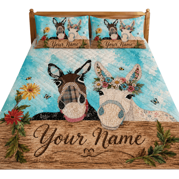 Lotusprint LLC 2D Print Personalized Donkey Quilt Bedding Set 80x90, Farmhouse Animal Bedspread