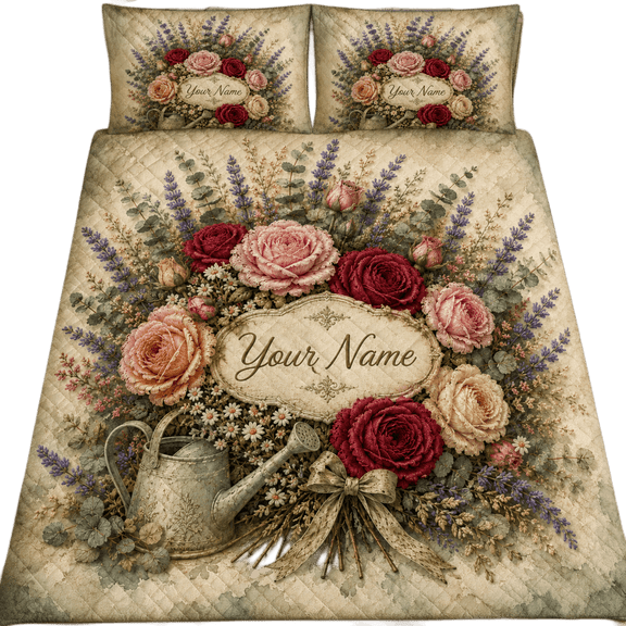 Lotusprint LLC 2D Print Personalized Floral Rose Quilt Bedding Set 90x100, Vintage Garden Bedroom Decor