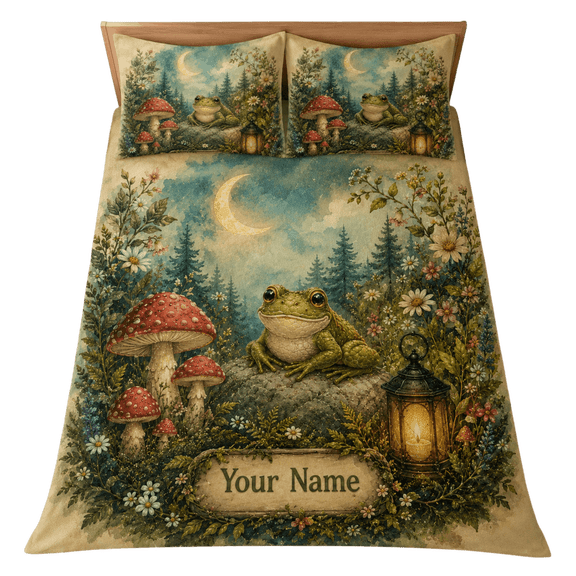 Lotusprint LLC 2D Print Personalized Frog Bedding Set (60x80), Cottagecore Forest Frog Comforter Set