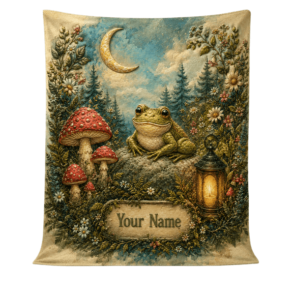 Lotusprint LLC 2D Print Personalized Frog Fleece Blanket, 60"x50", Cottagecore Forest Frog Throw Blanket