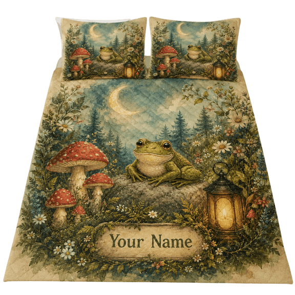 Lotusprint LLC 2D Print Personalized Frog Quilt Bedding Set 80x90, Cottagecore Forest Frog Bedspread