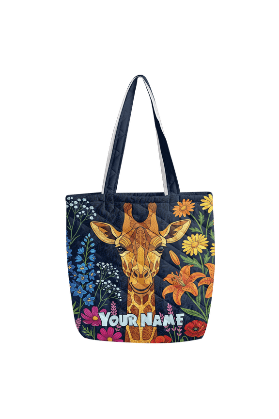 2D Print Personalized Giraffe Floral Quilted Tote Bag, Animal Lovers Shoulder Bag